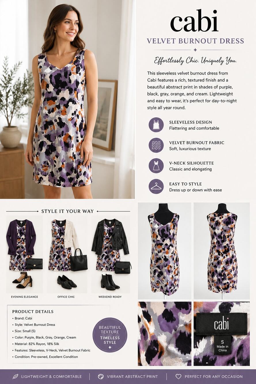 Cabi Velvet Burnout Dress S Purple Abstract Sleeveless Sheath Cocktail Career